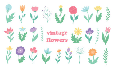 Collection of 26 spring flowers and floral elements isolated on white background. Vintage wildflowers set. Flower stickers for planners and scrapbooking, prints, cards, clip art, signs, etc. EPS 10