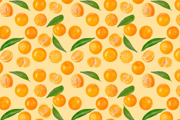 Falling mandarin on color pastel surface for advertisement