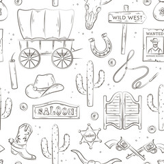 Wild West seamless pattern. Vector hand drawn background of western Texas with hat, cactus, wanted poster, sheriff badge, cow skull, horseshoe. Collection for fabric, print, illustration, web design