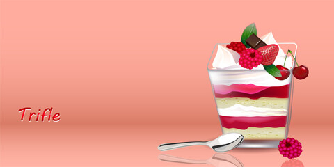 Dessert trifle . Sweet cake, chocolate, fruit and cream in a glass