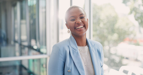 Face, business and black woman in office, smile and marketing agency. African American female,...