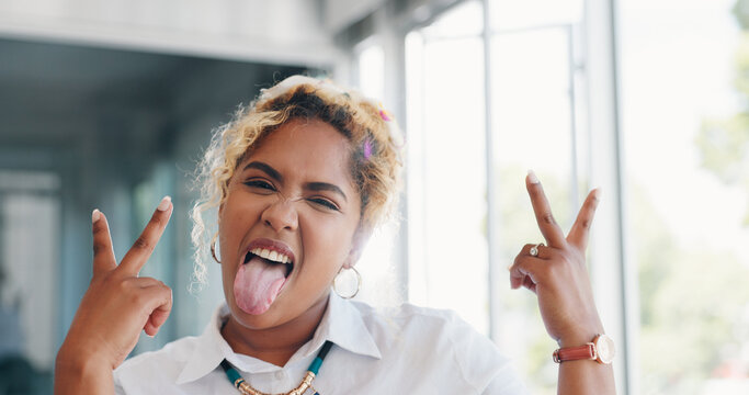 Funny Black Woman, Peace Hands And Office With Smile, Face And Laughing At Finance Agency By Window. Happy Corporate Executive, Financial Expert And Comic Time For Crazy Happiness At Work In New York