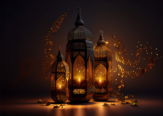 Ornamental Arabic lantern with burning candle glowing at night and glittering golden bokeh lights. AI Generated