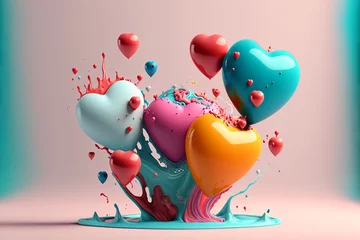 Foto op Canvas Colourful paint splashes and heart shaped balloons wallpaper. AI Generated © Lauren