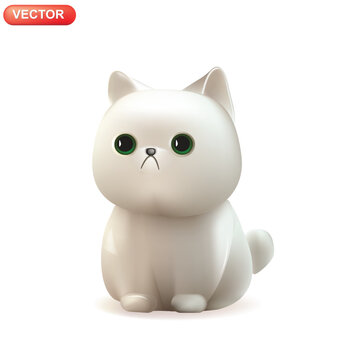 Illustration of cartoon white cat. 3D cute funny kitten with a tail. Isolated vector template of a white volumetric cat.