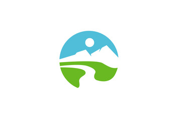 Creative bright logo icon nature mountains river landscape in the shape of a circle