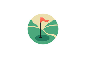 Abstract logo icon round shape, field and flag, golf.