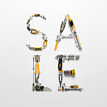 The "SALE" word laid out of construction tools. Creative 3d render illustration for design templates on engineering, construction, interior finishing, repair and maintenance themes.