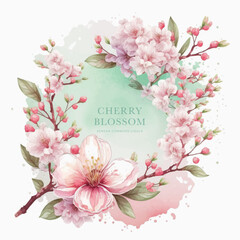 Collection of сherry blossom flowers and branches in vector watercolor style. Image created AI © Rimsky