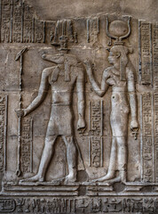 Relief panel of Sobek and Hathor in Kim Ombo Temple, Egypt.