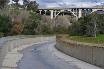 Arroyo Seco canal and the Colorado Street Bridge in Pasadena shown after several winter rain storms in California.