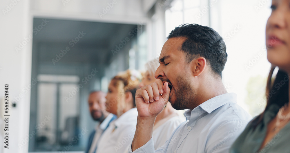 Poster tired, yawn and sleepless with a business man sitting in a meeting or presentation with his team for