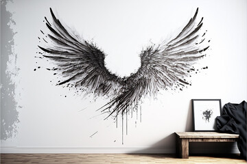 asas desenhadas em preto na parede branca 