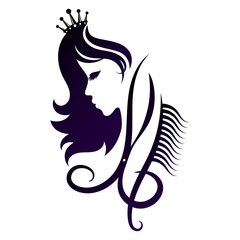 Silhouette of a beautiful girl with a crown, scissors cut and curls of hair