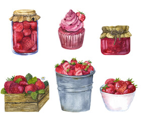 Watercolor set of red strawberries with leaves and flowes. Hand drawn food illustration. Fruit print for postcards, greetings, cards, logo. Summer sweet and bright fruits and berries.