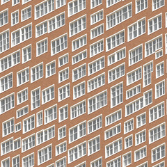 Obraz premium Seamless Building Brick Wall with Many White Windows. Exterior Building Facade Tile Illustration. AI Generative