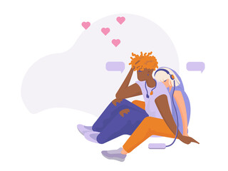 Love couple African American guy and Caucasian girl spending time together, listening music