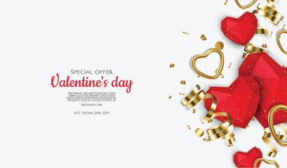 Valentine s day sale background with red hearts. Universal vector background for poster, banners, flyers, card.