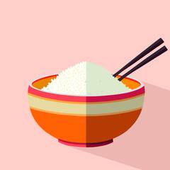 Rice in a bowl with a chopstick isolated on a pink background vector illustration. beautiful cartoon food for restaurant.