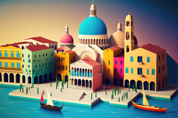 Fototapeta premium Colorful houses in Venice, Italy. Retro style toned picture - Colorful Flat Art. Generative AI