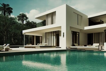 Fototapeta premium Luxury pool villa spectacular contemporary design digital art real estate , home, house and property, Generative AI illustration.