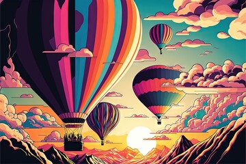 Pretty illustrations with air balloons, in pop art style