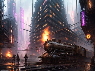 Steampunk Train Engine In Cyberpunk City.