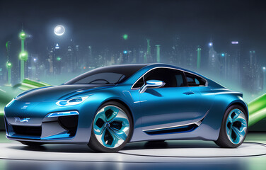 Obraz na płótnie Canvas Blue metallic light electric hydrogen car concept in the night city of the future background. Unmanned vehicle Generativ AI.