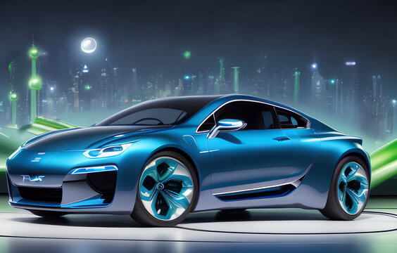 Blue metallic light electric hydrogen car concept in the night city of the future background. Unmanned vehicle Generativ AI.