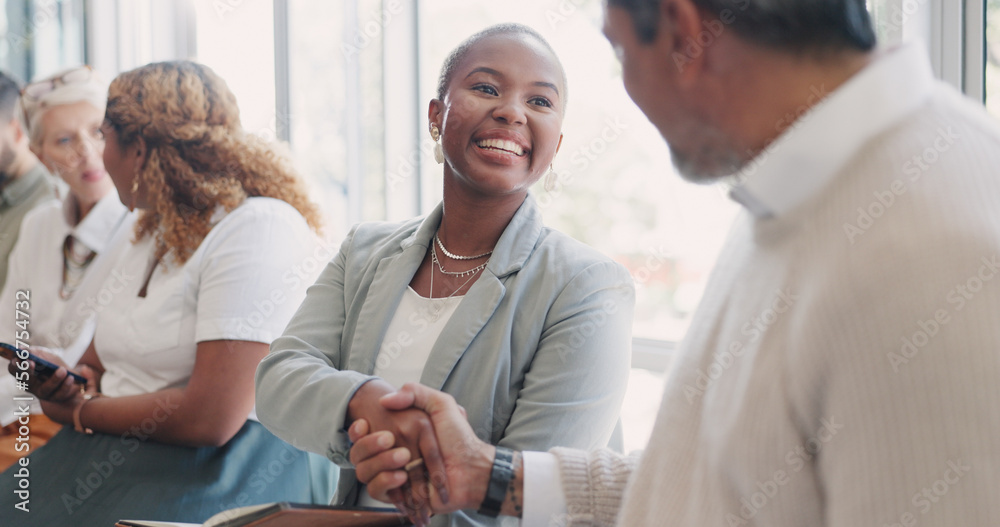 Poster handshake, hiring or people networking in waiting room before a recruitment job interview in an adve