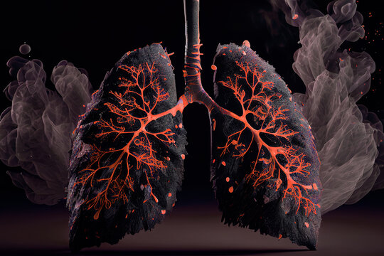 Smokers lungs. Human lungs of smoker. Unhealthy black lungs with smoke. Representation of respiratory system disease. Effects of cigarettes and tobacco. Cancer and problems of smoking. Generative AI.