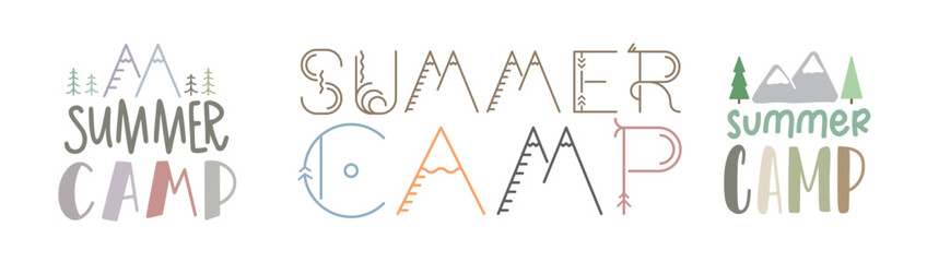 Summer camp. Set of summer camp typography design for t-shirt, poster, banner. Pastel color illustration. Hand drawn lettering typography text. Summer camp logo for print design.