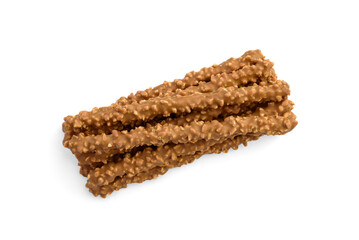 Cracker pretzel sticks toffee-cream glazing and peanuts isolated on white background.