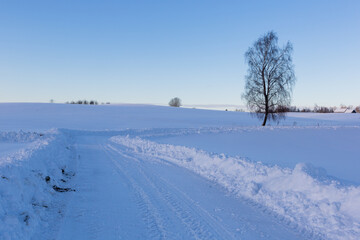 sunny, snowy winter day in the countryside