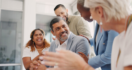 Business people, clapping or success in diversity meeting for marketing teamwork, advertising goals or branding target. Smile, happy or applause for creative designer, men or women in office growth