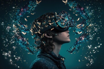 A person in a futuristic virtual reality headset, surrounded by a vibrant data. Generative AI
