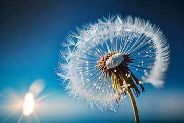 A dandelion against blue sky with sunlight.