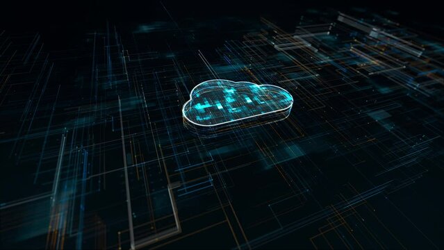 Motion graphic of Dark blue particle Cloud computing logo with big data backup concept and data storage  technology on cloud system with grid line digital futuristic technology abstract background