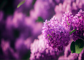 Purple lilac flowers spring blossom background, AI Generated