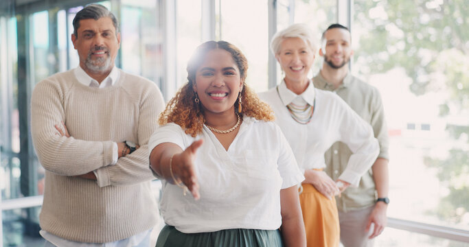 Recruitment, handshake and business team welcome from black woman. Shaking hands, thank you and group portrait of happy people welcoming new employee, recruit or worker to startup company office.
