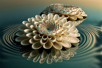  a computer generated image of two flowers floating in a body of water with ripples on the surface of the water and the bottom of the image is a ripple.  generative ai