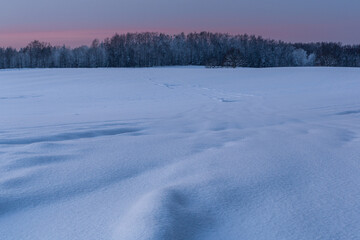 sunny, snowy winter day in the countryside at sunset