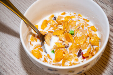 Breakfast cereal on a table.