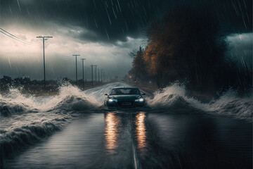  a car driving through a flooded street in the rain with power lines in the background and a dark sky with clouds and rain falling on the ground.  generative ai