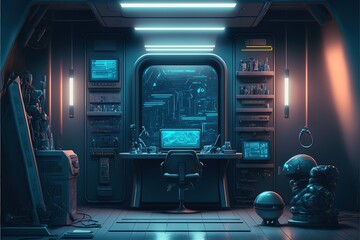A laboratory in the interior of a spaceship and an empty podium for the presentation of a cyberpunk product. Technology and sci-fi concept. AI