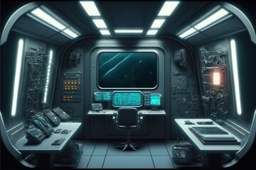 A laboratory in the interior of a spaceship and an empty podium for the presentation of a cyberpunk product. Technology and sci-fi concept. AI