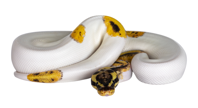 Young Piebald Ball Python aka Python Regius snake. Very high on white with button like yelow with black spots or dots. Isolated cutout on a transparent background.