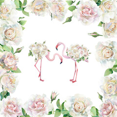 Watercolor frame of pink roses and flamingo a