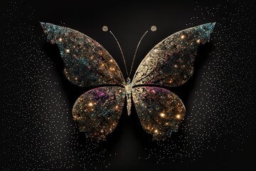 Fiery magic butterfly with glowing sparkles on dark background.