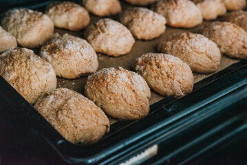 Sugar cookies in the oven. Finished homemade cookies. 